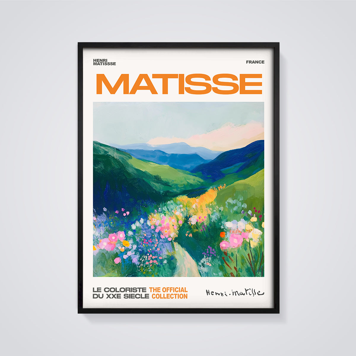 Matisse Vibrant Landscape Print Aesthetic framed in black on a grey background