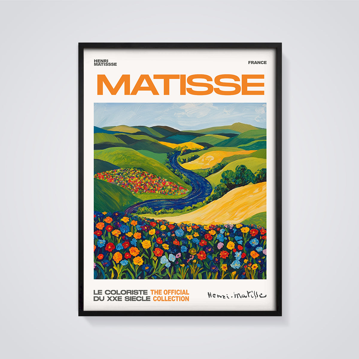 Matisse Vibrant Landscape Print framed in black on a grey background