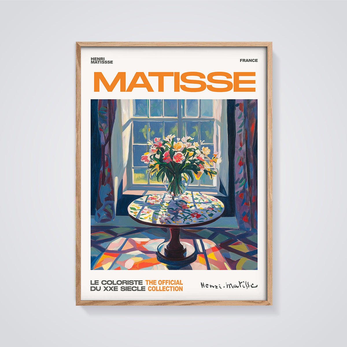 Matisse Window Flowers Print framed in oak on a grey background