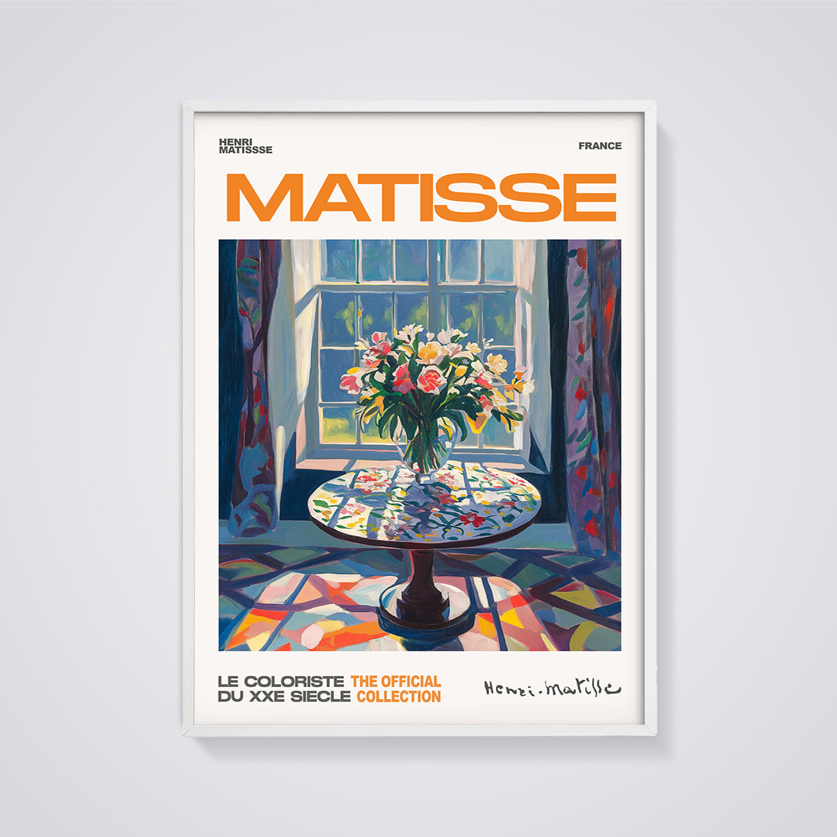 Matisse Window Flowers Print framed in white on a grey background