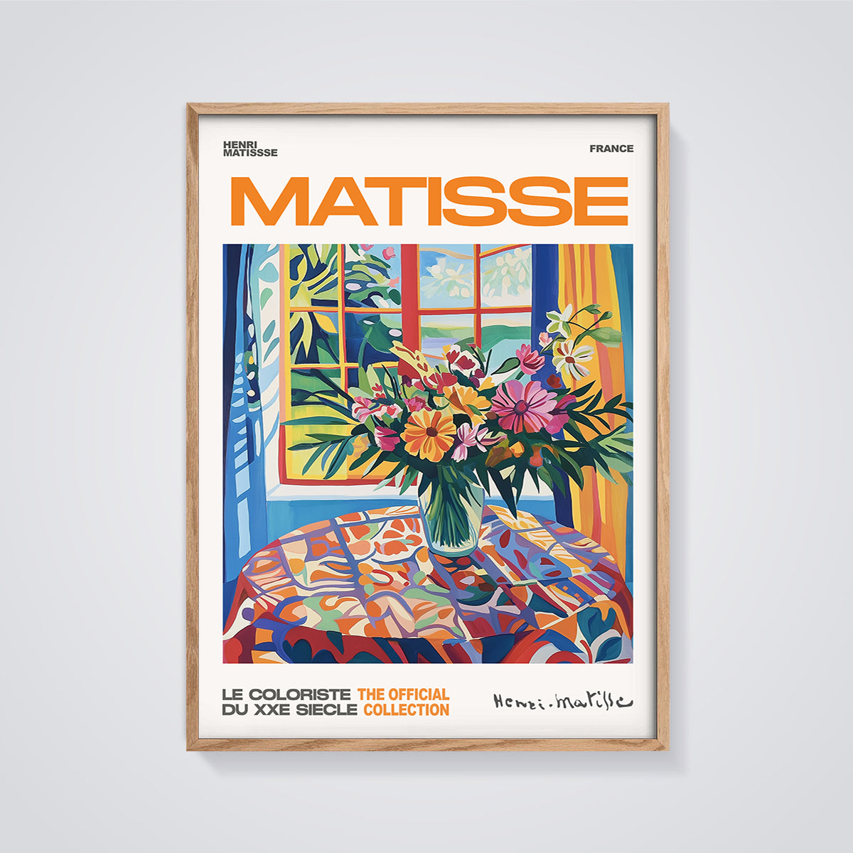 Matisse Window Flowers Print Aesthetic framed in oak on a grey background