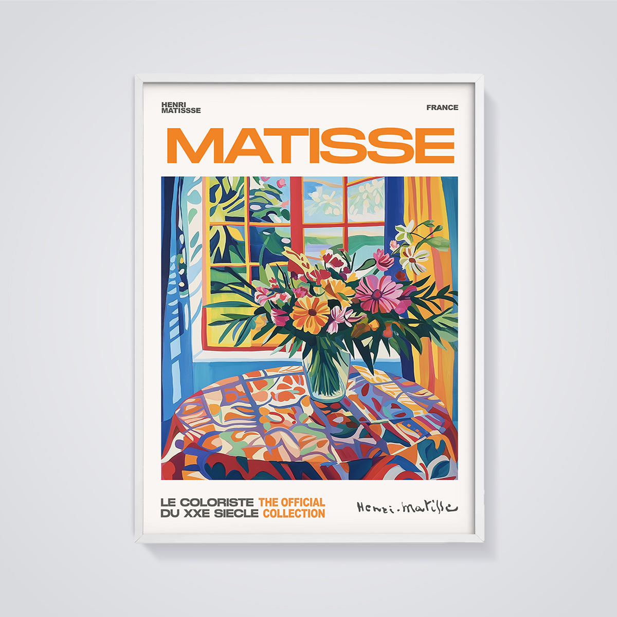 Matisse Window Flowers Print Aesthetic framed in white on a grey background
