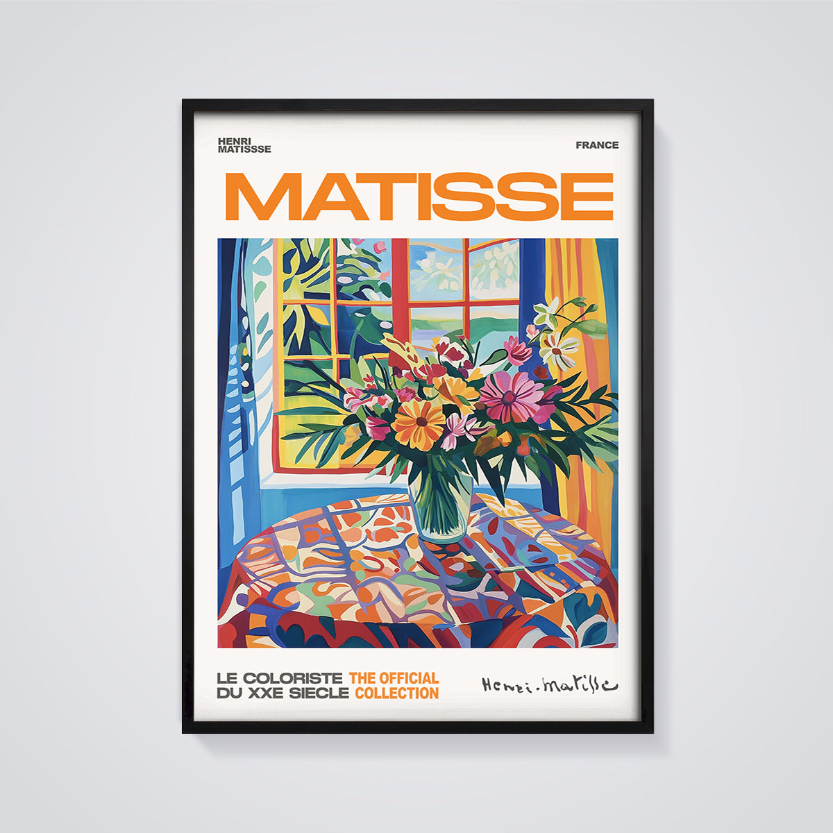 Matisse Window Flowers Print Aesthetic framed in black on a grey background
