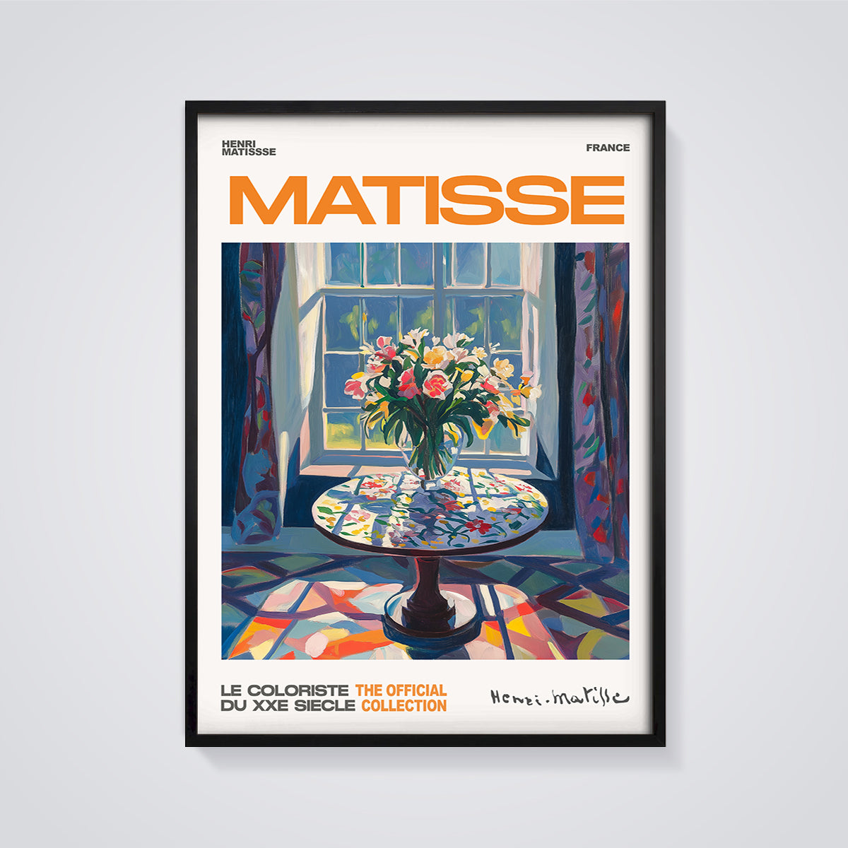 Matisse Window Flowers Print framed in black on a grey background