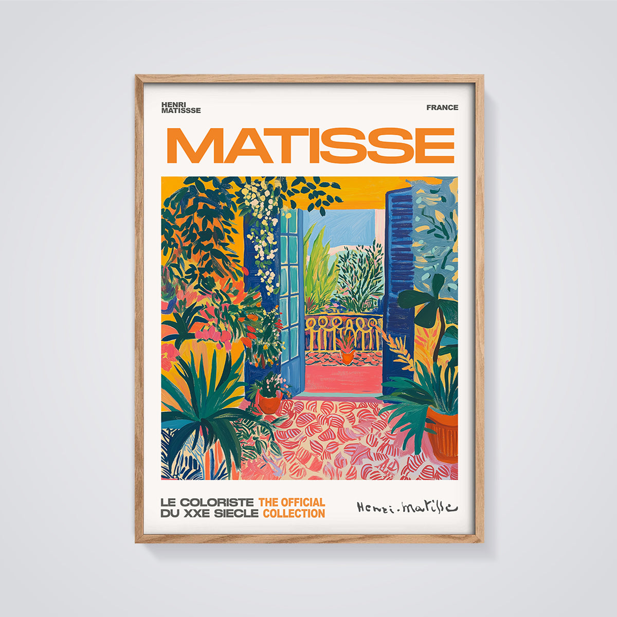 Matisse Window Garden Print framed in oak on a grey background