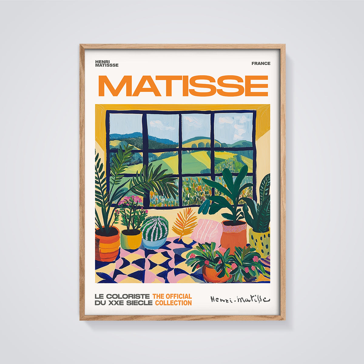 Matisse Window Plants Print framed in oak on a grey background