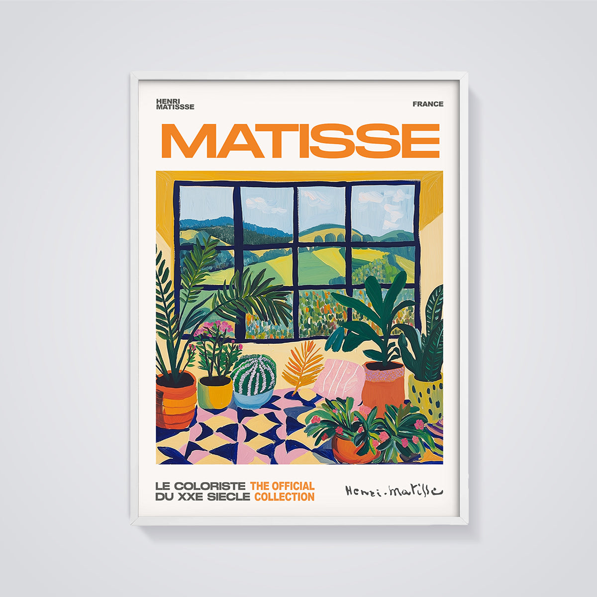 Matisse Window Plants Print framed in white on a grey background
