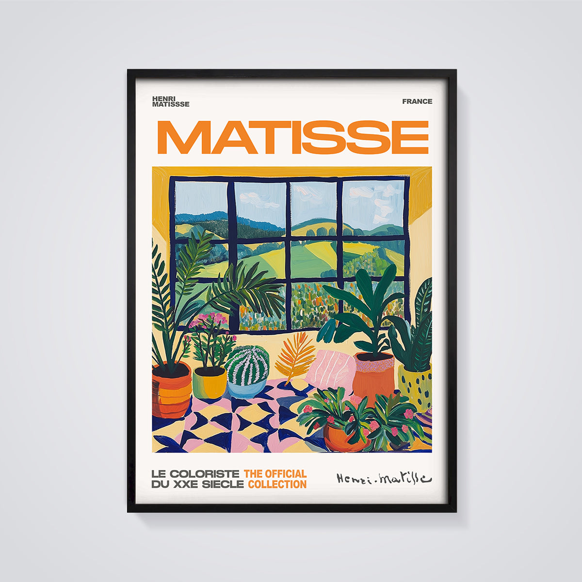 Matisse Window Plants Print framed in black on a grey background