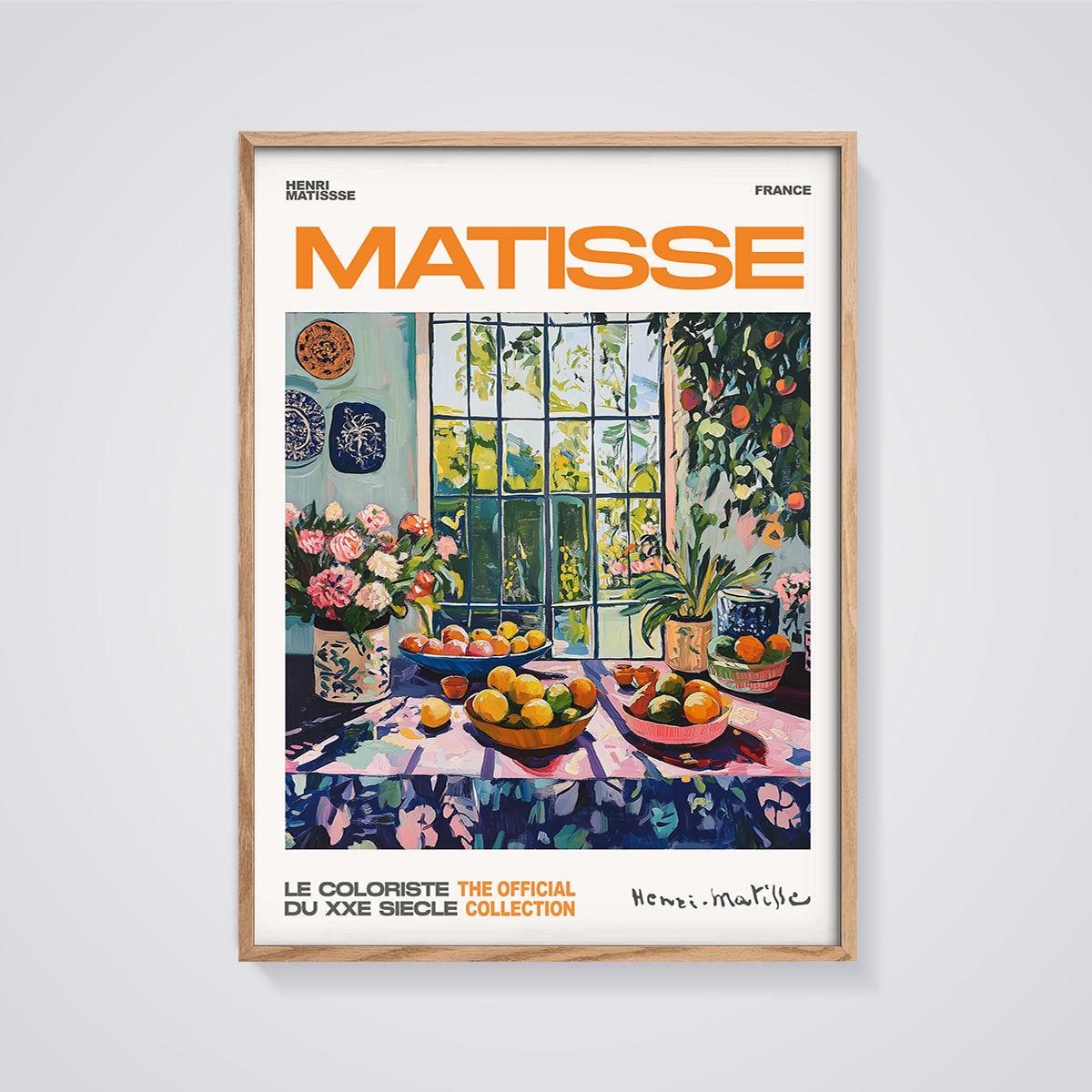 Matisse Window Still Life Print framed in oak on a grey background