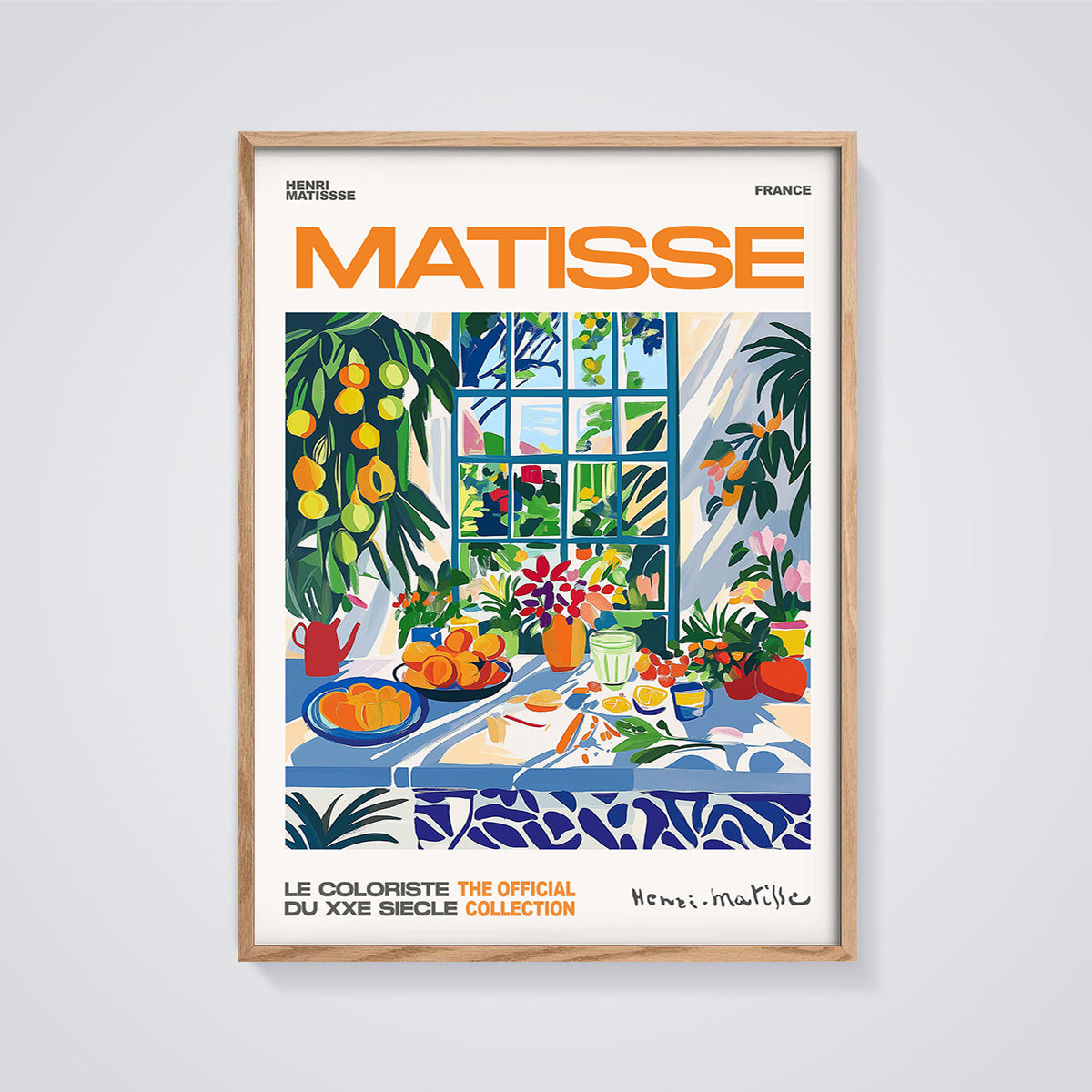 Matisse Window Still Life Print Aesthetic framed in oak on a grey background