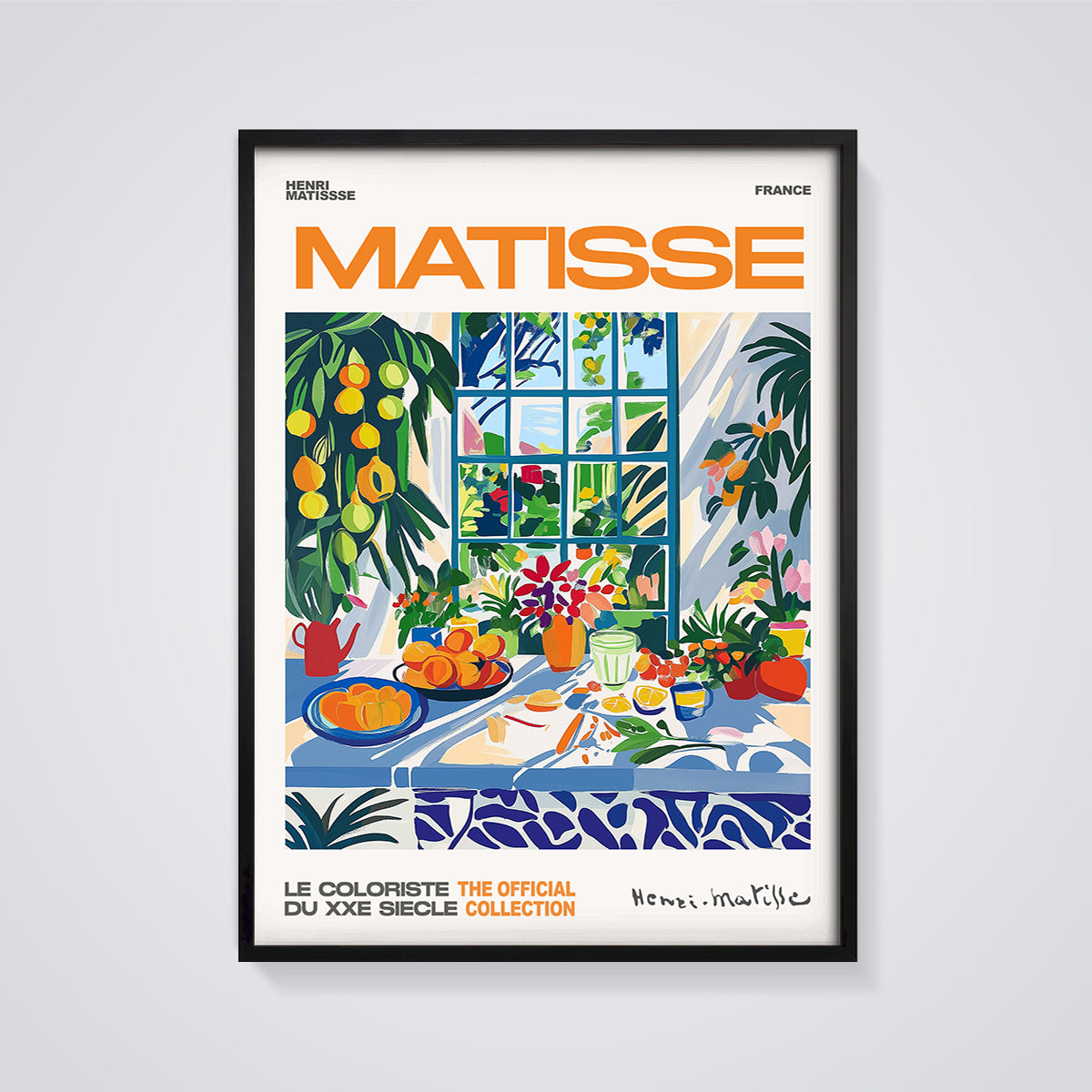 Matisse Window Still Life Print Aesthetic framed in black on a grey background