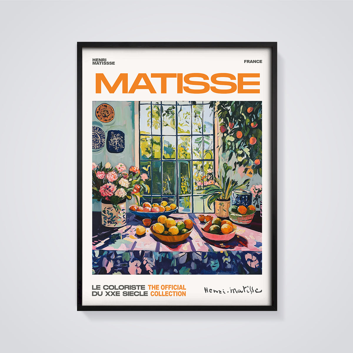 Matisse Window Still Life Print framed in black on a grey background