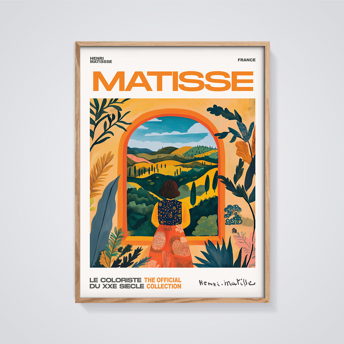 Matisse Woman Looking Out Window Print framed in oak on a grey background