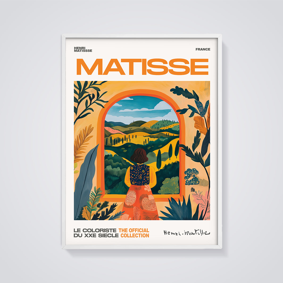 Matisse Woman Looking Out Window Print framed in white on a grey background