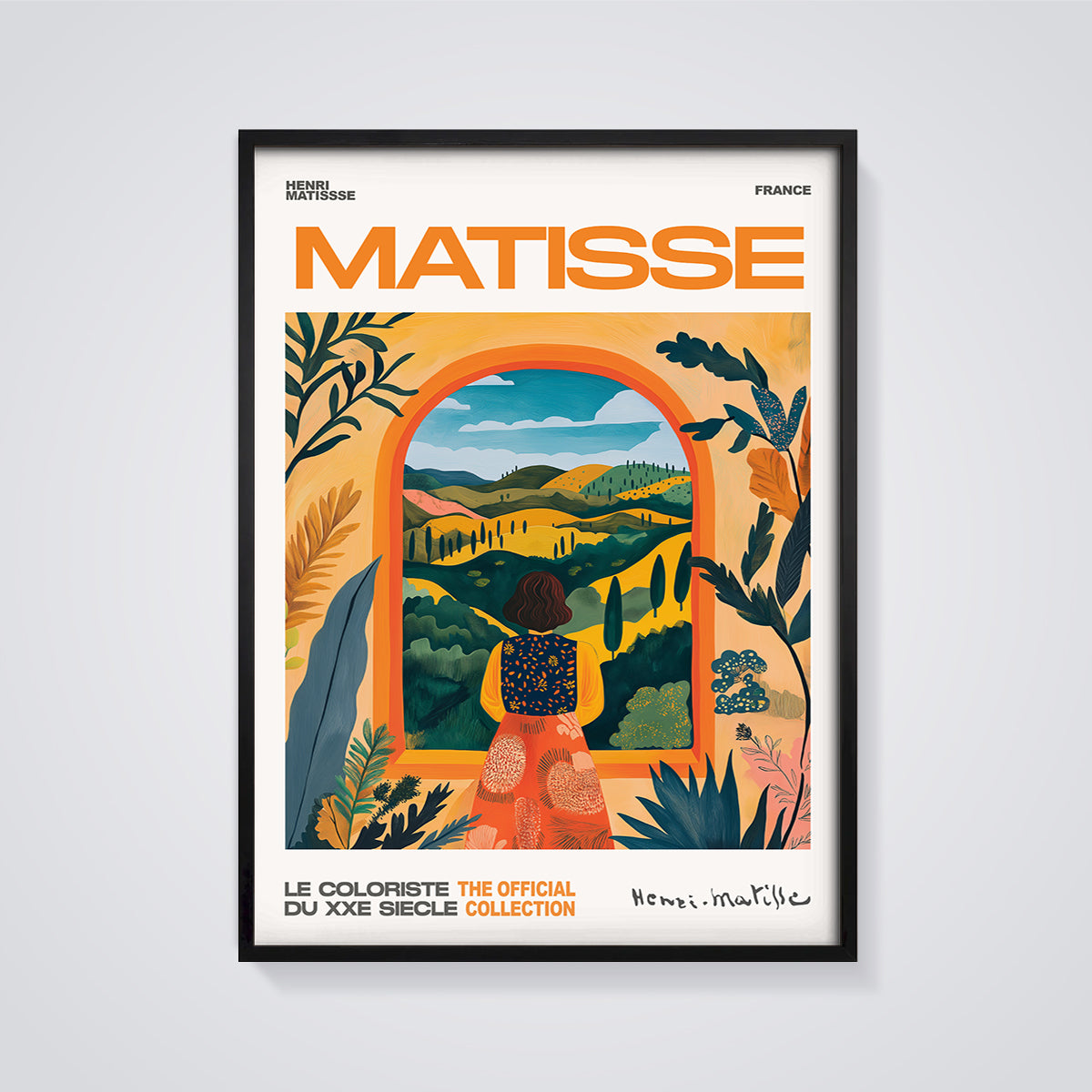 Matisse Woman Looking Out Window Print framed in black on a grey background