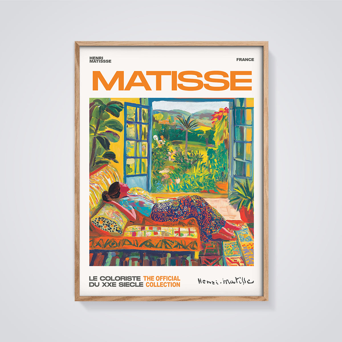 Matisse Woman at Open Window Print framed in oak on a grey background