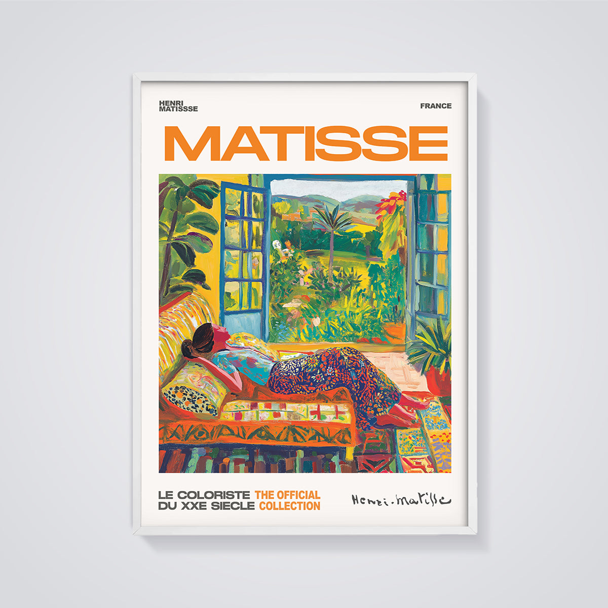 Matisse Woman at Open Window Print framed in white on a grey background