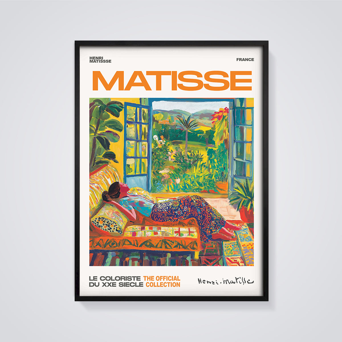 Matisse Woman at Open Window Print framed in black on a grey background