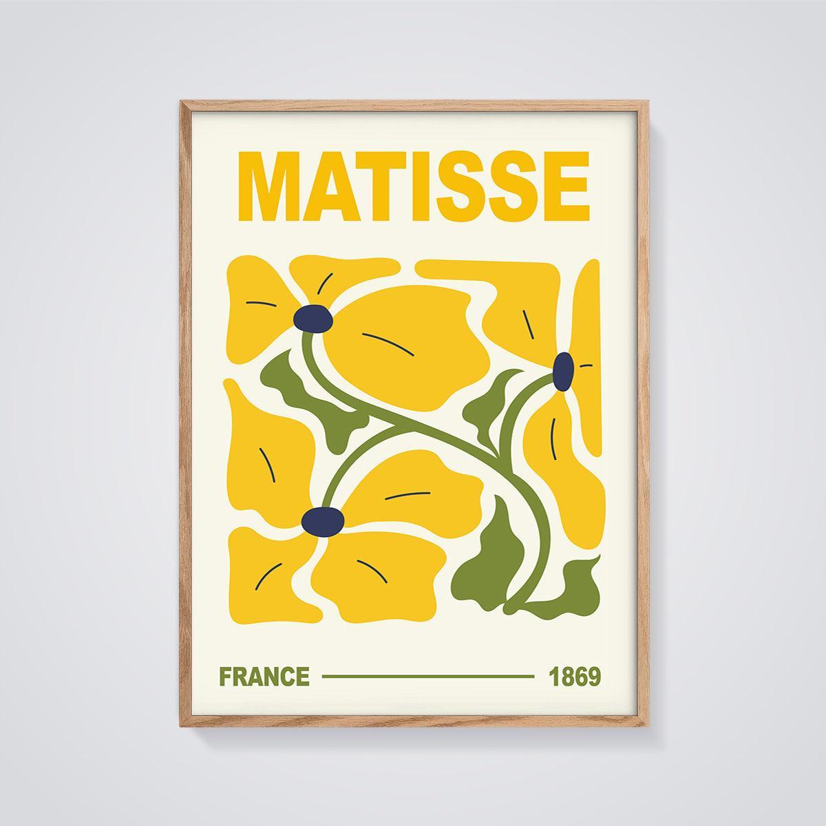 Matisse Yellow Flowers Print framed in oak on a grey background