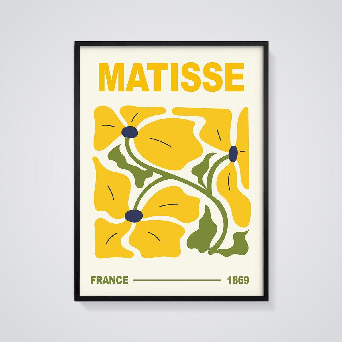 Matisse Yellow Flowers Print framed in black on a grey background