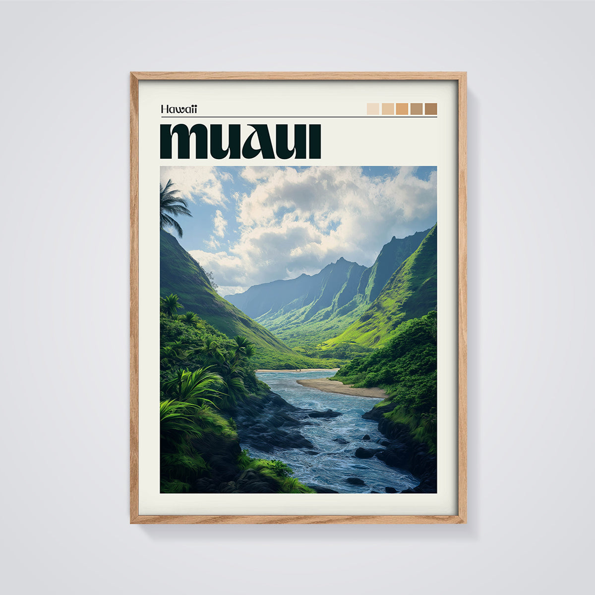 Maui Valley Print framed in oak on a grey background