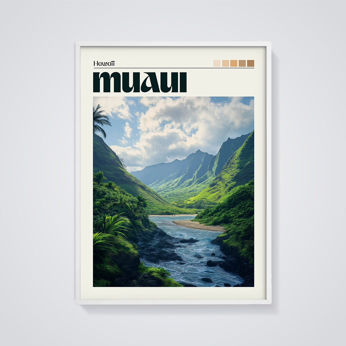 Maui Valley Print framed in white on a grey background