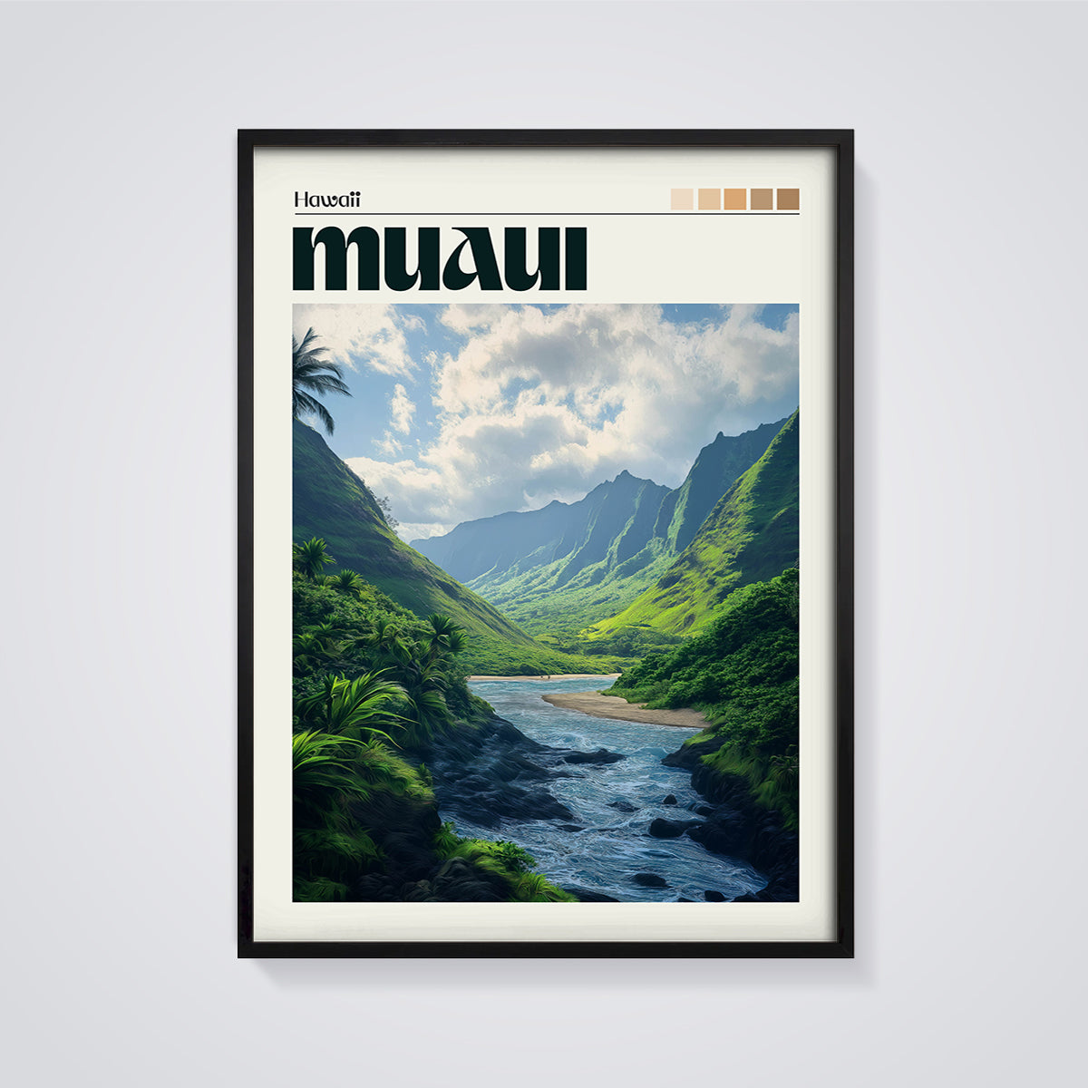 Maui Valley Print framed in black on a grey background