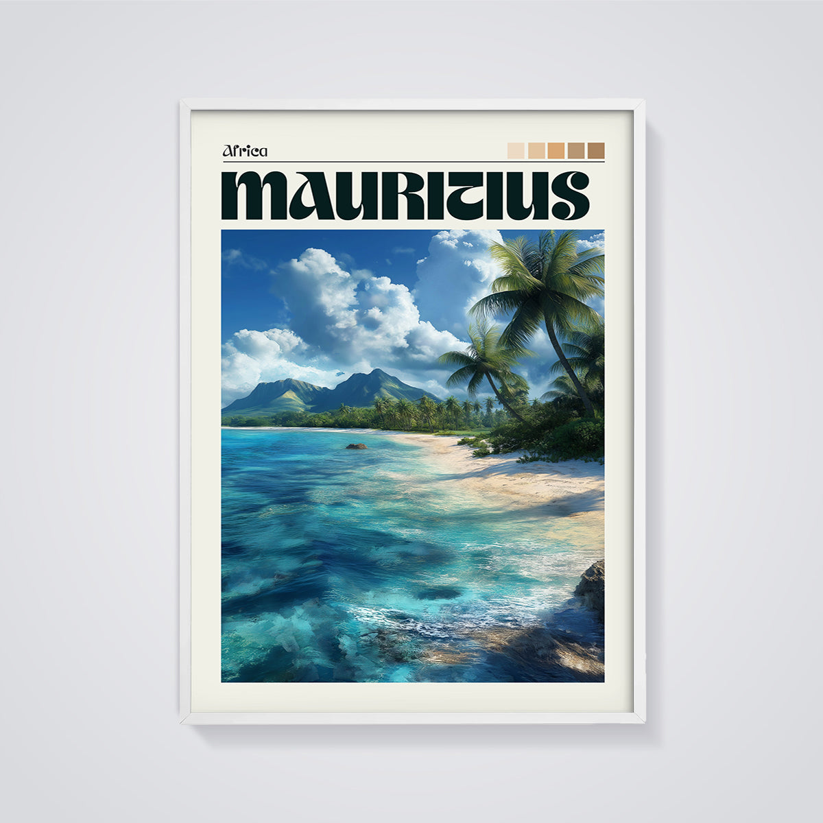 Mauritius Beach Paradise Print framed in white on a grey background
