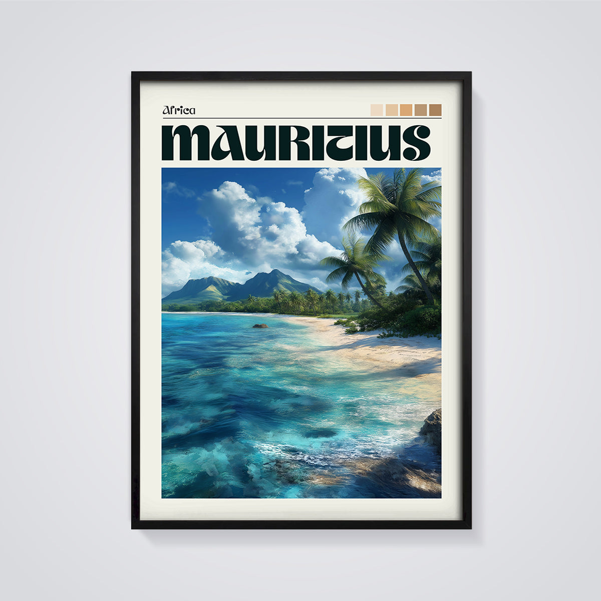 Mauritius Beach Paradise Print framed in black on a grey background