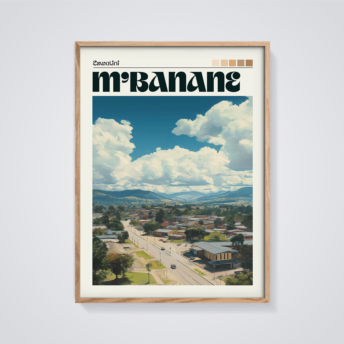 Mbabane Eswatini City View Print framed in oak on a grey background