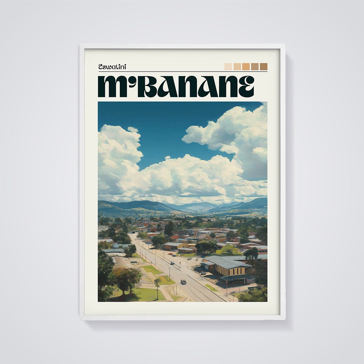 Mbabane Eswatini City View Print framed in white on a grey background