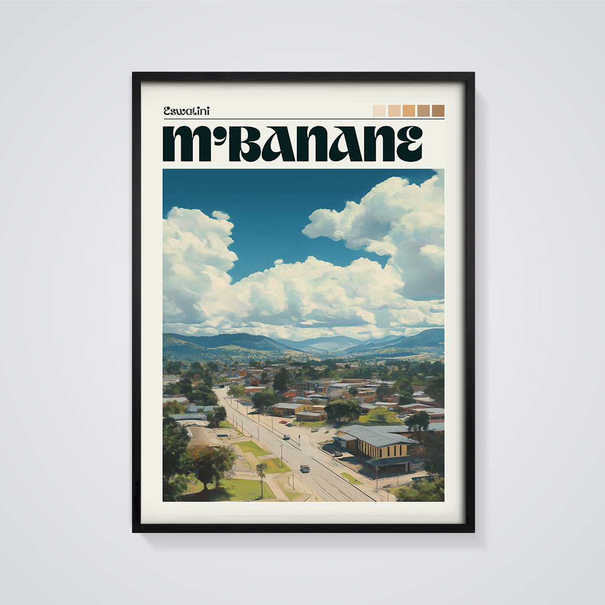Mbabane Eswatini City View Print framed in black on a grey background