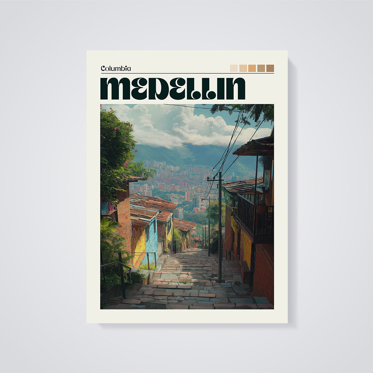 Medellin Hillside Street Print unframed on a grey background