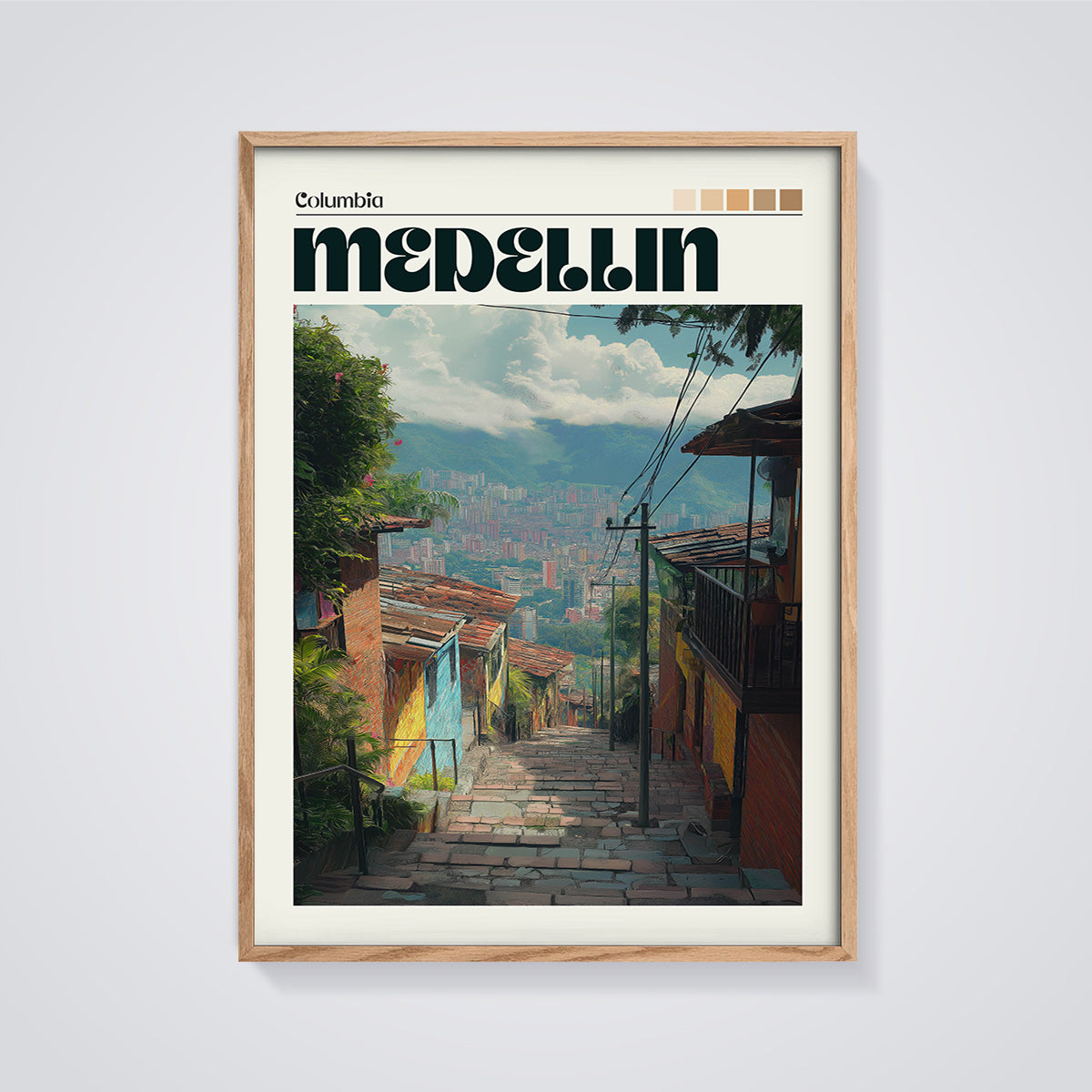 Medellin Hillside Street Print framed in oak on a grey background