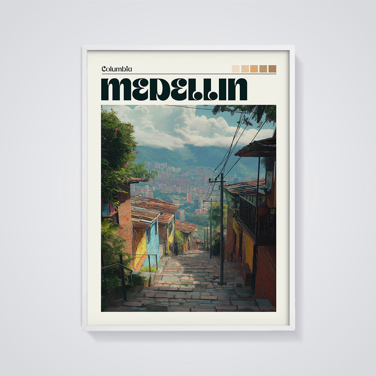 Medellin Hillside Street Print framed in white on a grey background