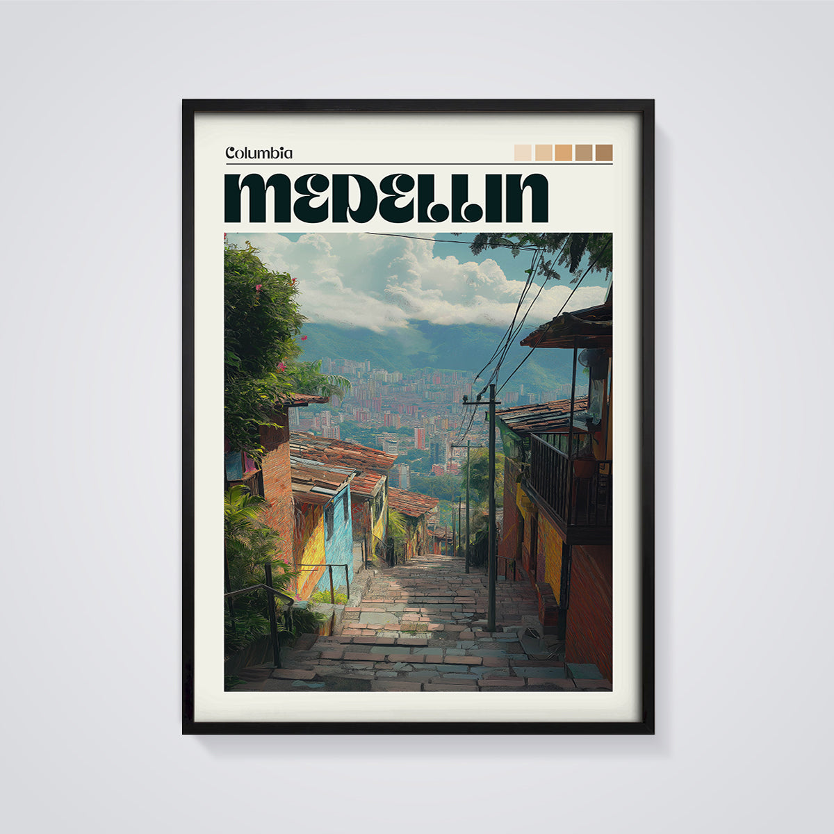 Medellin Hillside Street Print framed in black on a grey background
