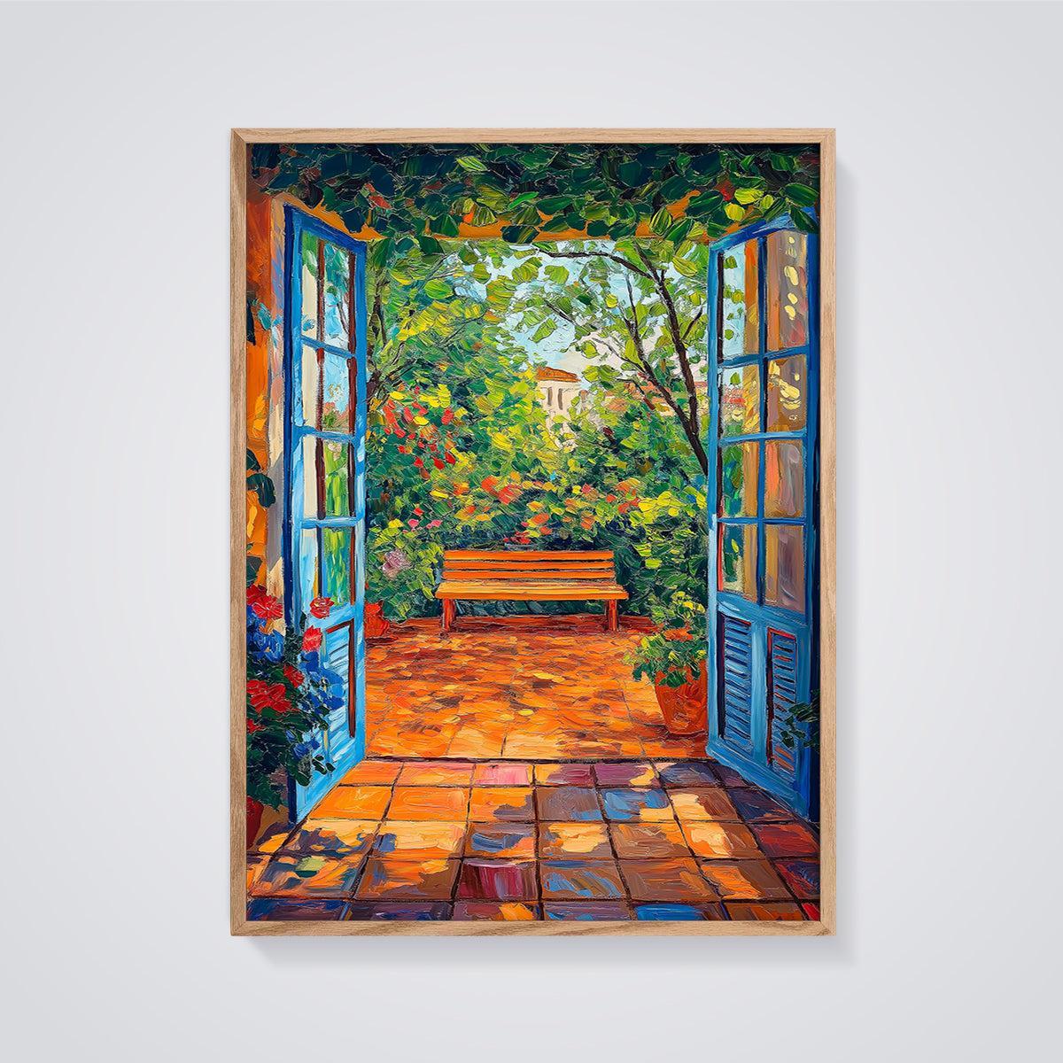 Mediterranean Garden Doorway Print framed in oak on a grey background