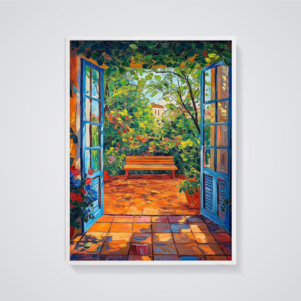 Mediterranean Garden Doorway Print framed in white on a grey background