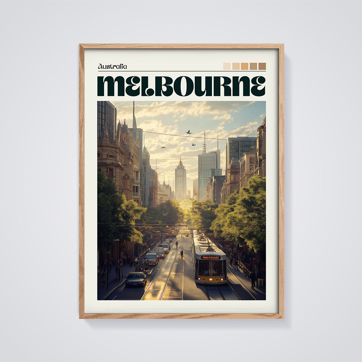 Melbourne City Tram Print framed in oak on a grey background