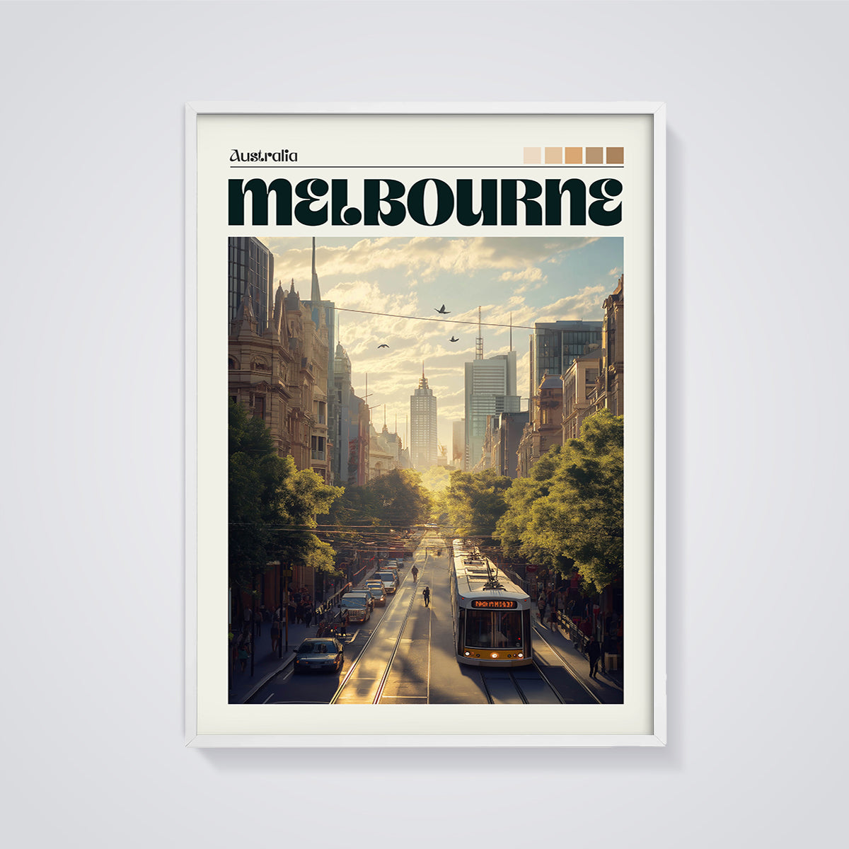 Melbourne City Tram Print framed in white on a grey background