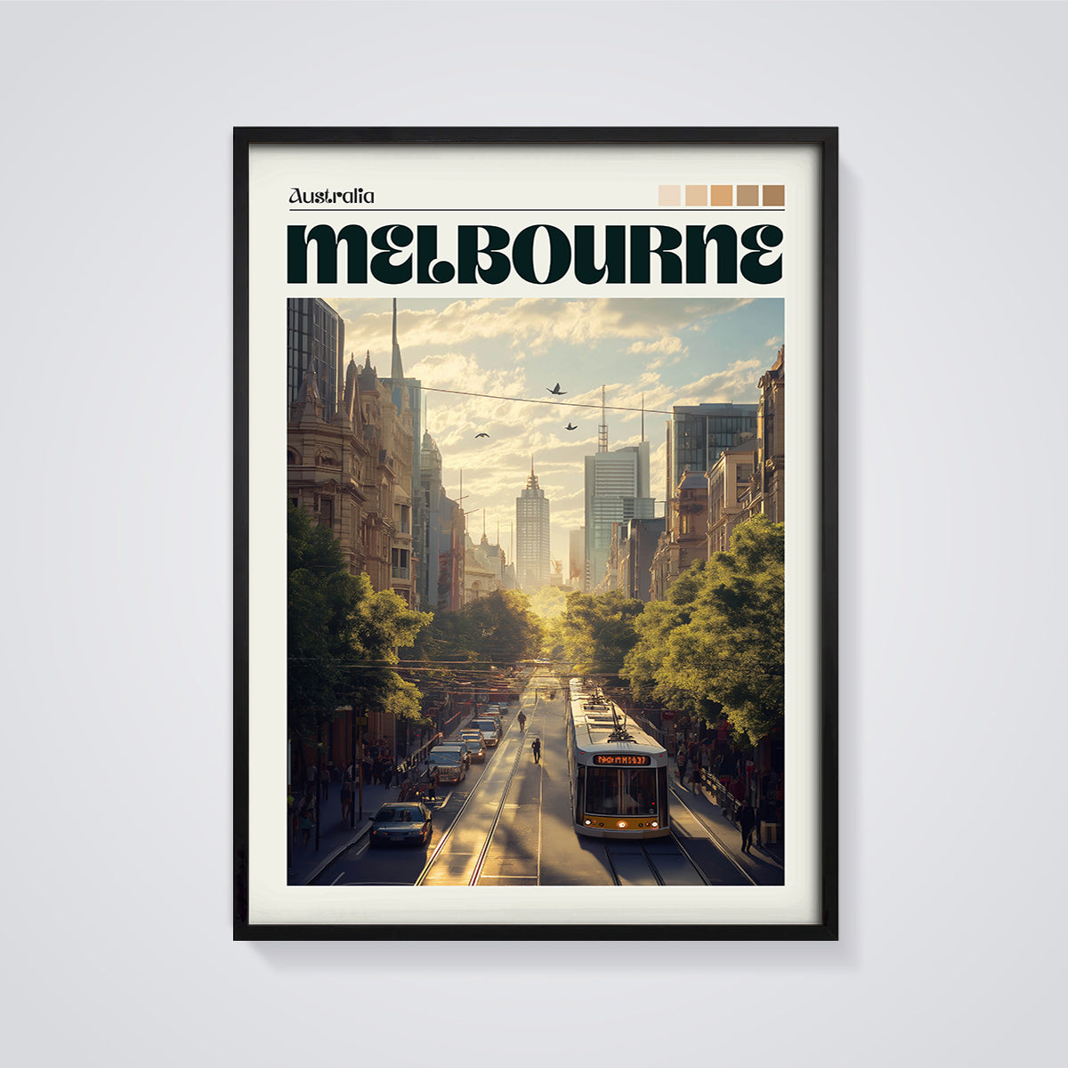 Melbourne City Tram Print framed in black on a grey background