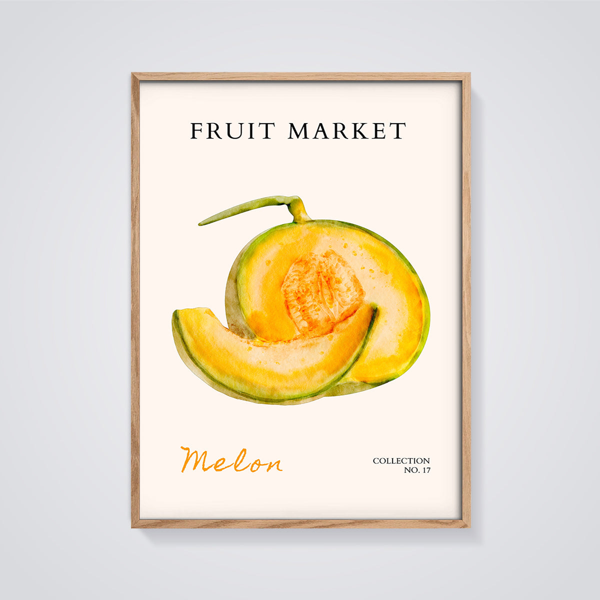 Melon Fruit Market Print framed in oak on a grey background