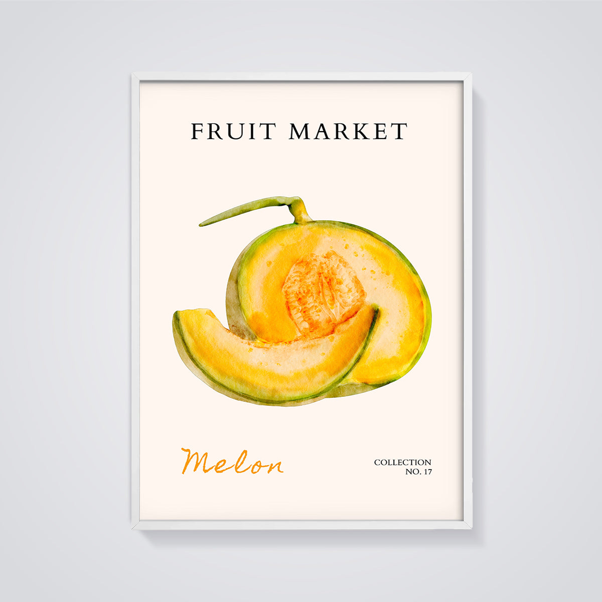 Melon Fruit Market Print framed in white on a grey background