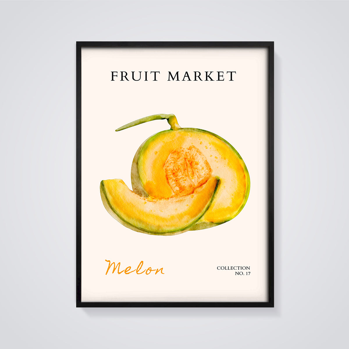 Melon Fruit Market Print framed in black on a grey background