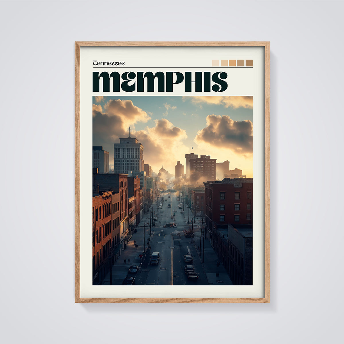 Memphis Tennessee City Street Print framed in oak on a grey background
