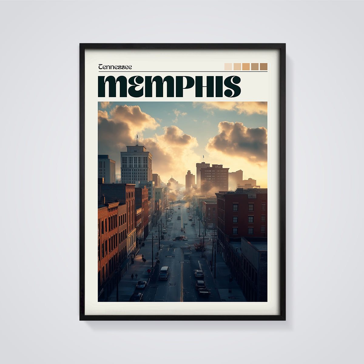 Memphis Tennessee City Street Print framed in black on a grey background