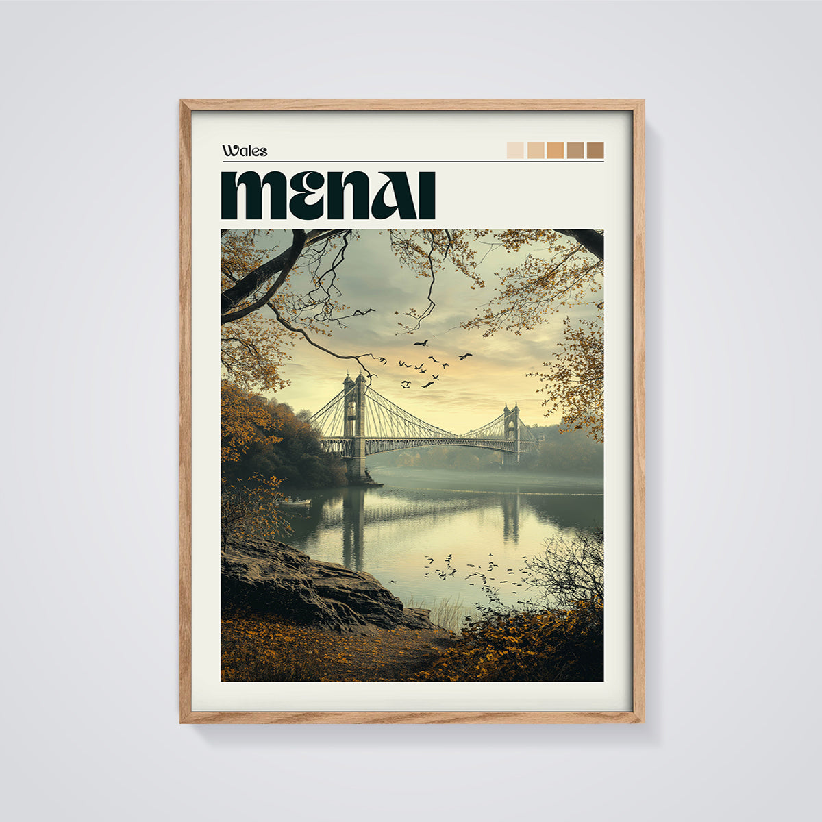 Menai Suspension Bridge Print framed in oak on a grey background