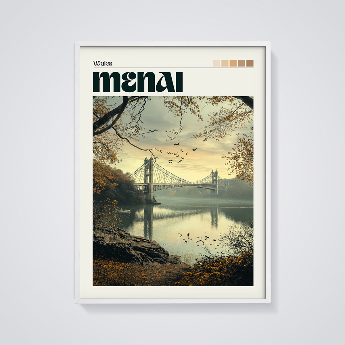 Menai Suspension Bridge Print framed in white on a grey background