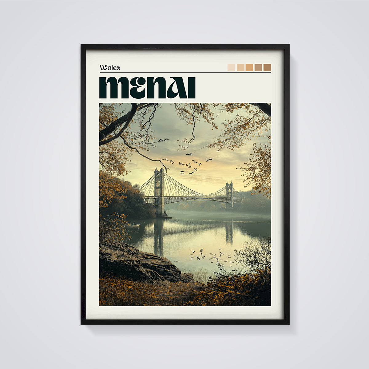 Menai Suspension Bridge Print framed in black on a grey background