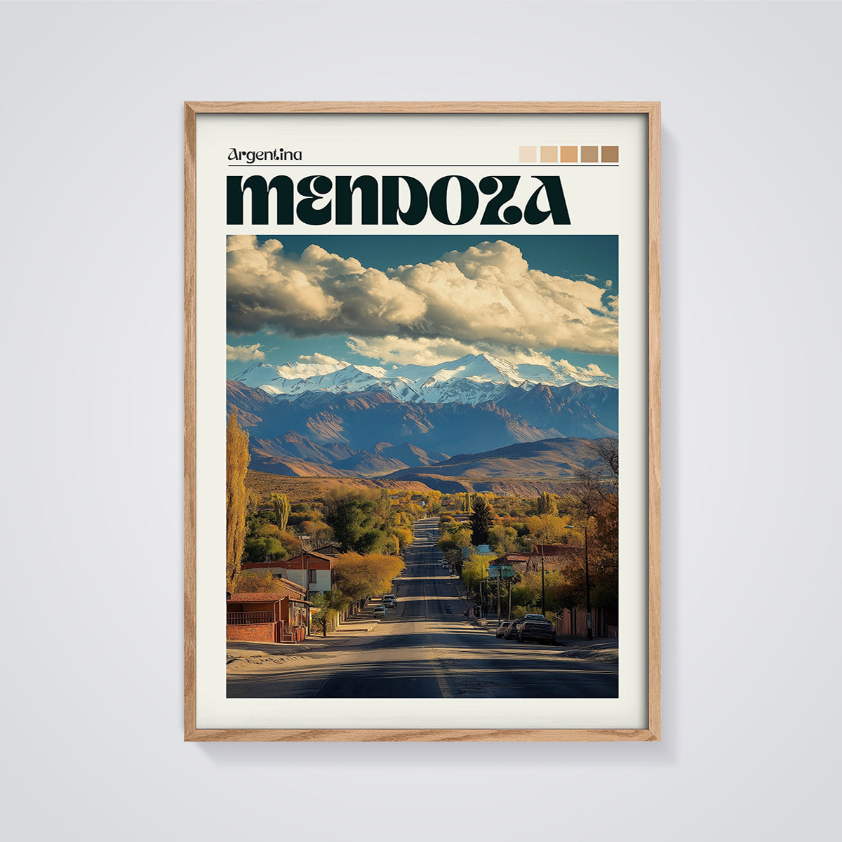 Mendoza Mountains Road Print framed in oak on a grey background